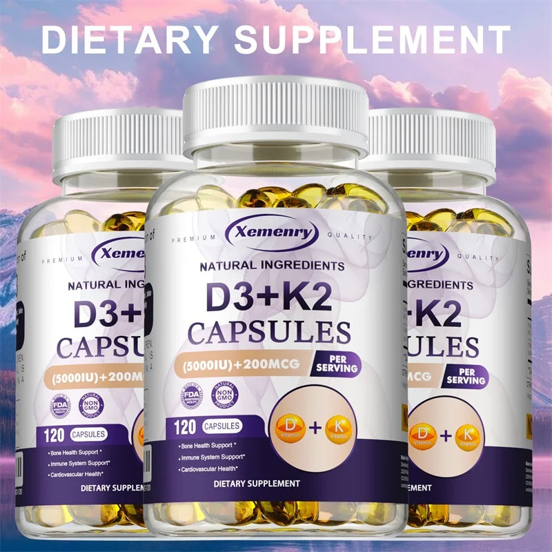 Vitamin D3 5000IU and 200 Mcg Vitamin K2 (MK-7) Capsules for Calcium Absorption, Bone Regeneration, Immune Support, Easy To Melt