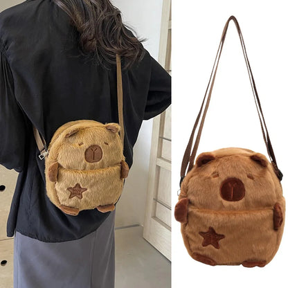 Cute Plush Capybara Crossbody Bag Large Capacity Shoulder Bag Girls Coin Purse Adjustable Zipper Plush Mobile Phone Pouch