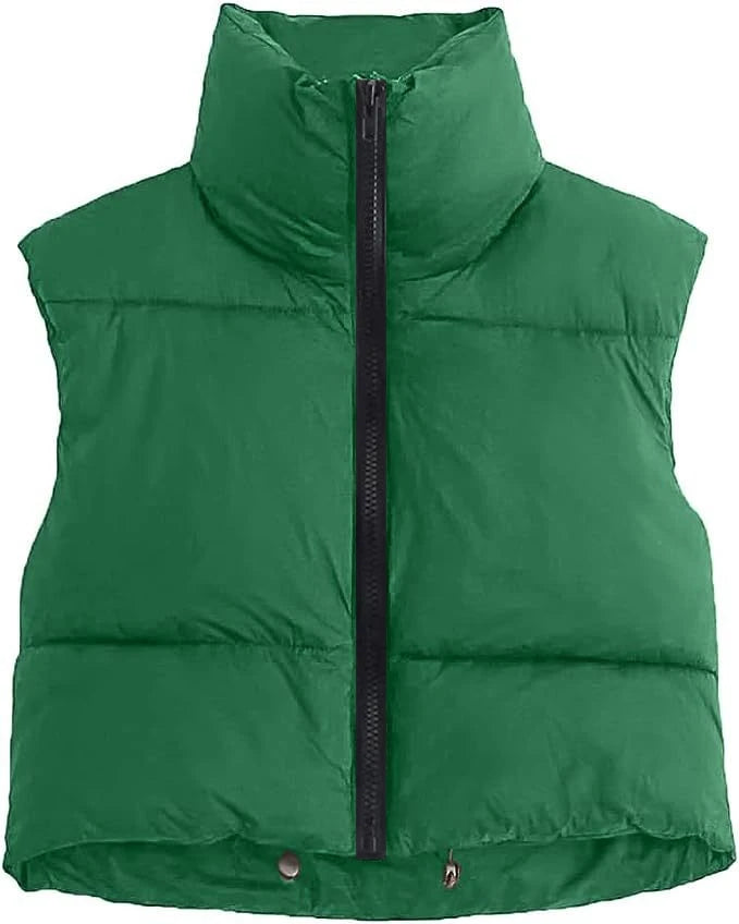 Autumn And Winter Women's Short Cotton Down Vest Short Stand-up Collar Warm Sleeveless Quilted Vest Outdoor Travel Jacket Tops green