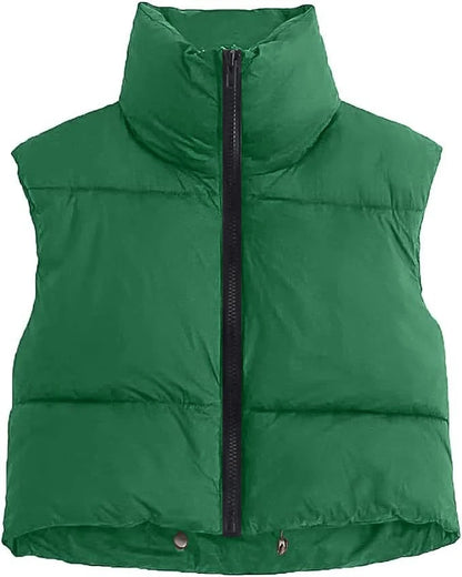 Autumn And Winter Women's Short Cotton Down Vest Short Stand-up Collar Warm Sleeveless Quilted Vest Outdoor Travel Jacket Tops green