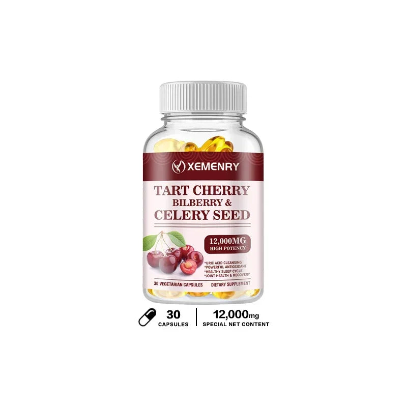 Organic Tart Cherry & Celery Seed Capsules - Uric Acid Cleanse, Support Sleep & Joint Health Muscle Repair Supplement 30 Capsules
