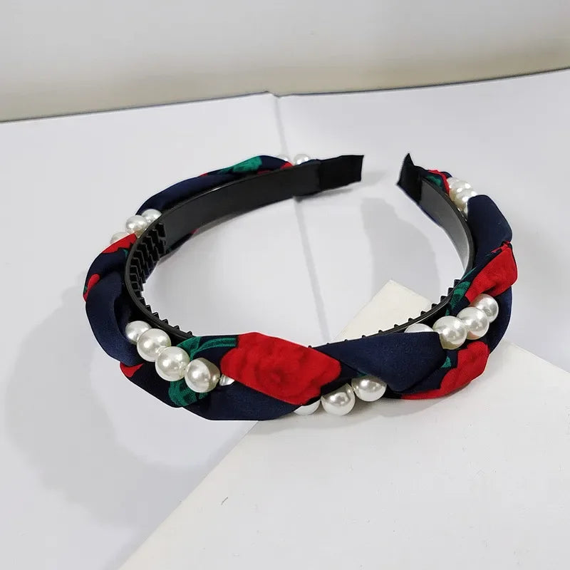 Women's Pearl Face Washband Anti-Slip Woven Headband High-End Feel Outing Hair Tie Pearl Hair Band Hair Accessories Blue