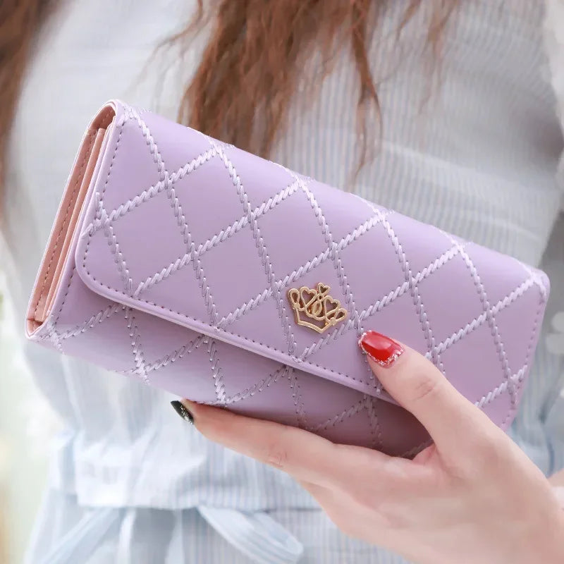 Black Long Wallets for Women PU Leather Diamond Pattern Purse Card Holder Crown Buckle Ladies Phone Bag Fashion Clutch Bag Purple
