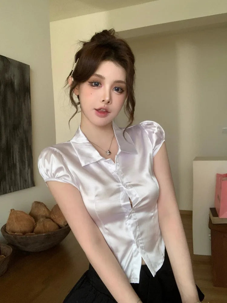 Summer Sexy Silk Shirts Women 2025 Korean Fashion Clothes Short Sleeve Button Up Ladies White Puff Sleeve Crop Tops and Blouses
