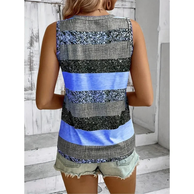 Plus Size 1XL-5XL New Women's Summer Casual Color Block Striped Patchwork Printed V-neck Sleeveless Vest