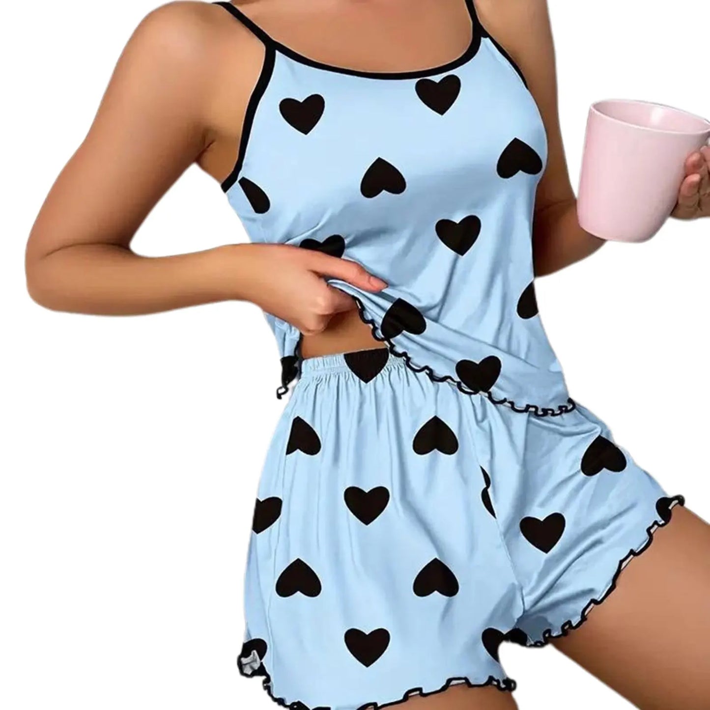 Silk Homewear With Cozy Loungwear Suits For Lounge Women sets Women's Pajamas Pajama Sets Casual Summer Camisole Undershirt Suit Blue Love Heart