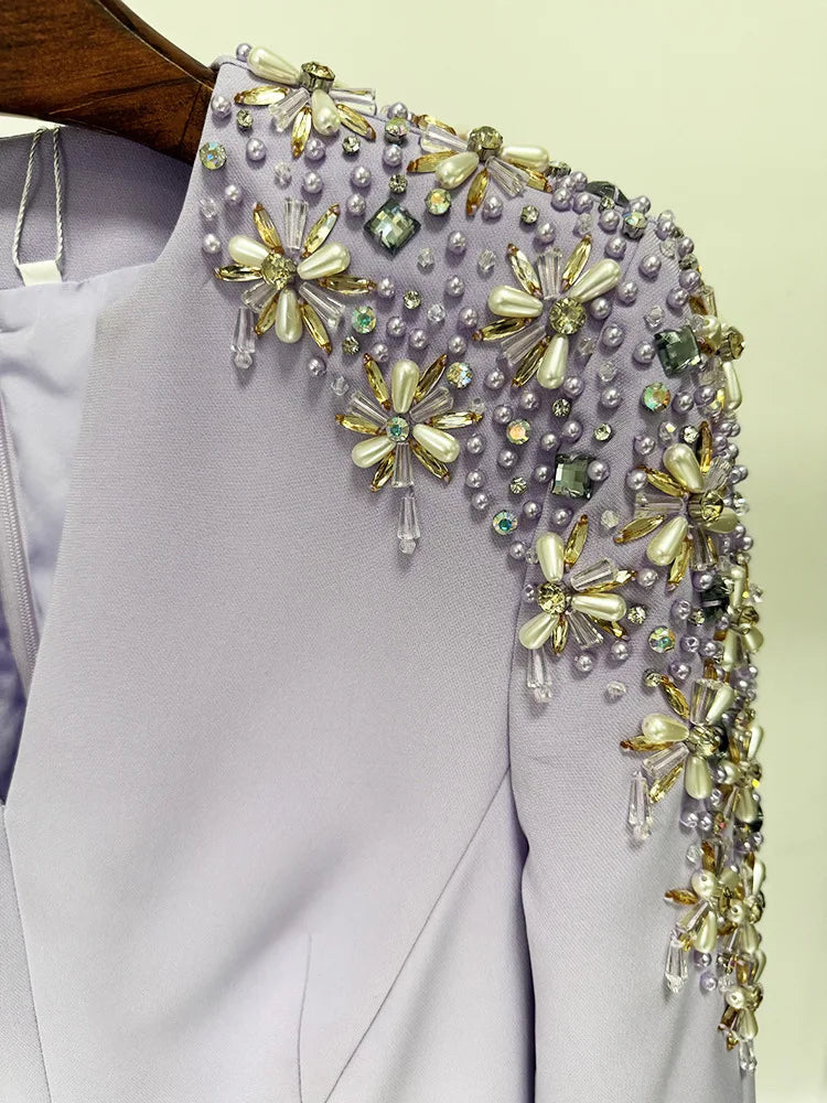 QMQA Fashion Women's Evening Dress Bead Diamond Spliced V Neck Long Sleeve High Waist Maxi Party Dresses 2025 Spring New QM324 Badiee Stylez