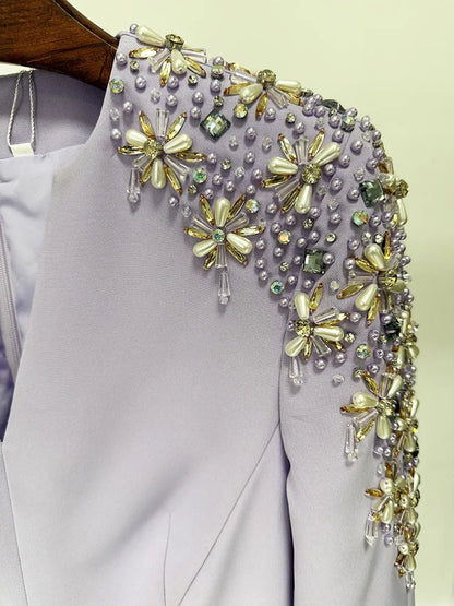 QMQA Fashion Women's Evening Dress Bead Diamond Spliced V Neck Long Sleeve High Waist Maxi Party Dresses 2025 Spring New QM324 Badiee Stylez