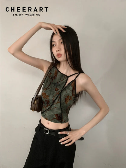 CHEERART Flocking Floral Vintage Crop Cami Top For Women 2024 Sleeveless Flower Green Tops Designer Clothes Luxury M