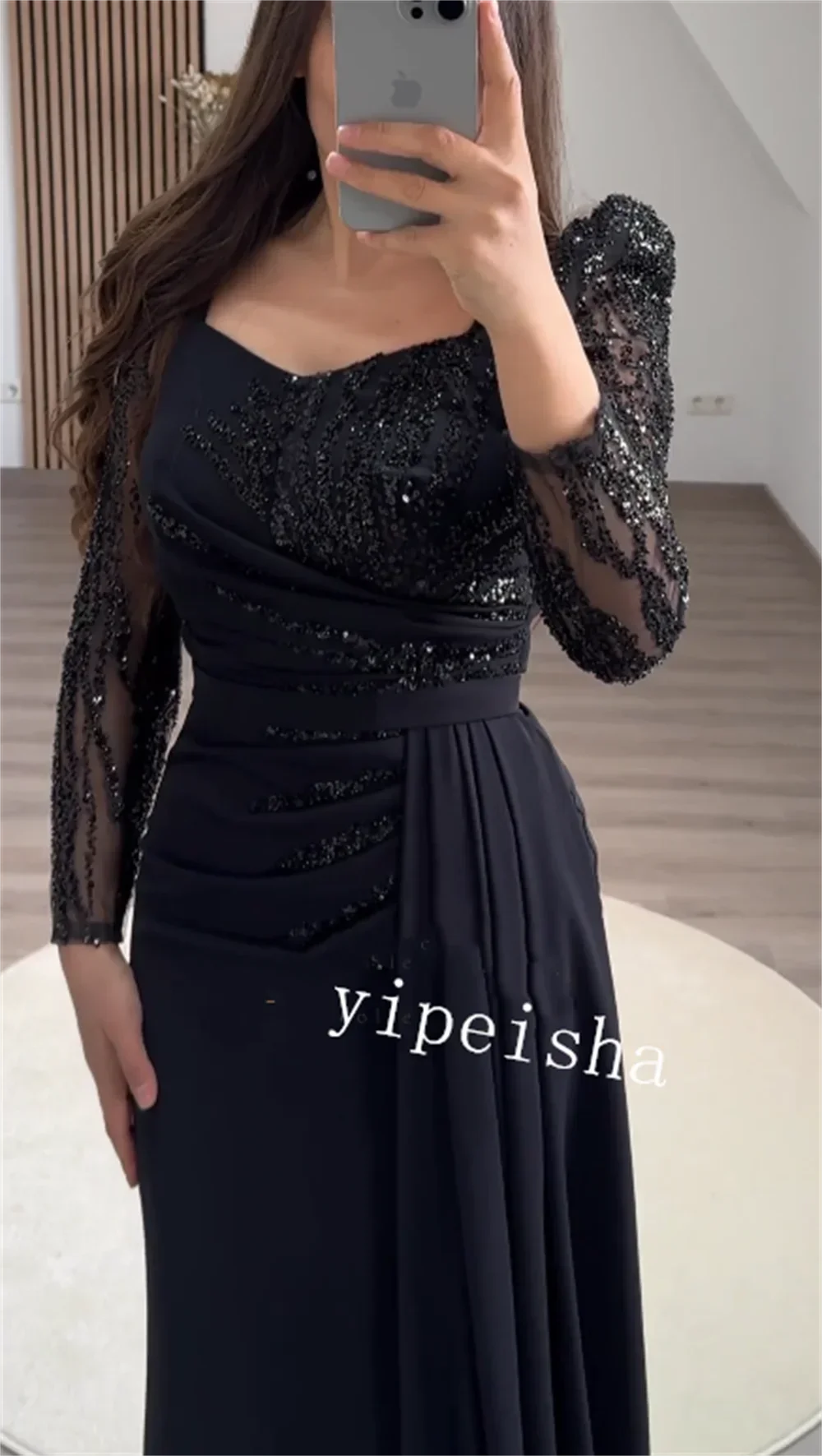 Customized High Quality Sparkle Exquisite Jersey Sequined Pleat Quinceanera Sheath V-neck Bespoke Occasion Gown Long Dresses Badiee Stylez
