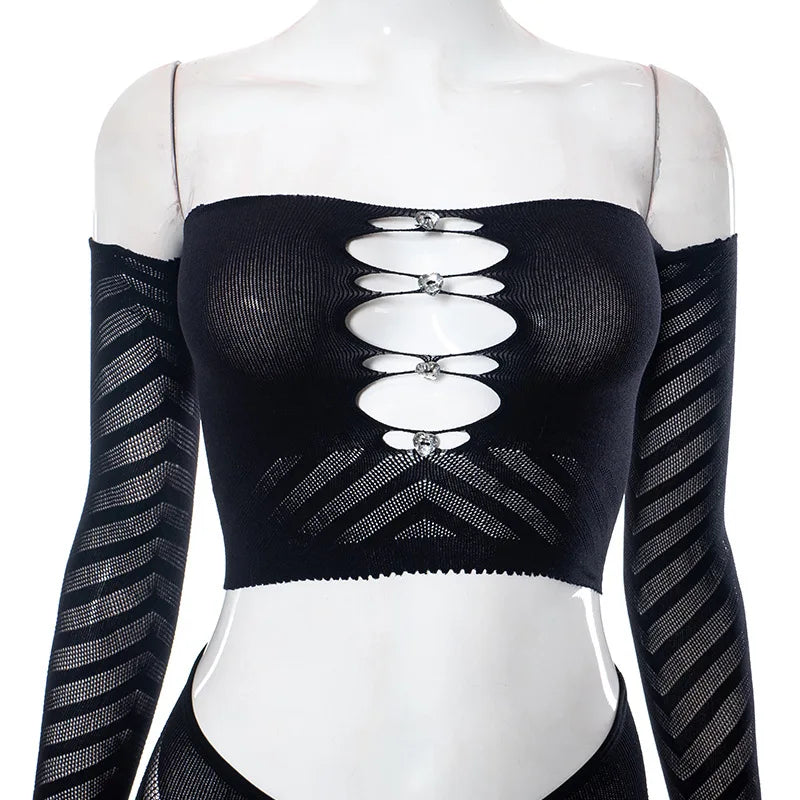 Simenual Baddie Fashion Mesh Tansparent Two Piece Sets Hotsweet Sexy Hollow Out Crop Tops Skinny Pants High Elastic Co Ord Suits