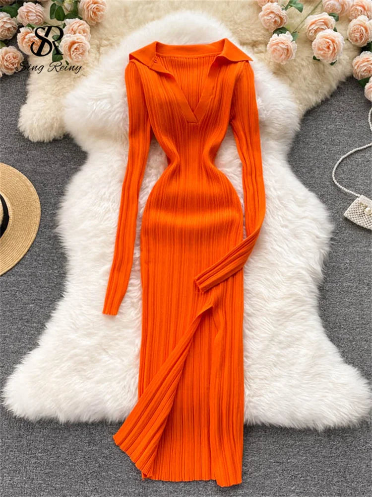 SINGREINY Women Korean Knitted Dress Long Sleeve V Neck Elastic Slim Pencil Dresses 2021 Autumn Sexy Bodycon Split Sweater Dress orange One Size