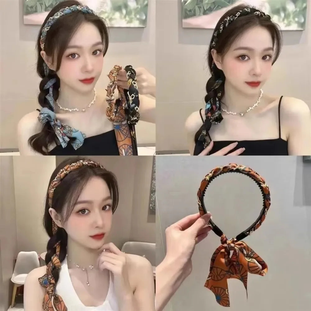 Retro Silk Scarf Headband Floral Print Pearl Braided Hairband Adjustable Bow Non Slip Ribbon Hairband for Women Girls Kid