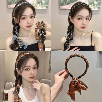 Retro Silk Scarf Headband Floral Print Pearl Braided Hairband Adjustable Bow Non Slip Ribbon Hairband for Women Girls Kid