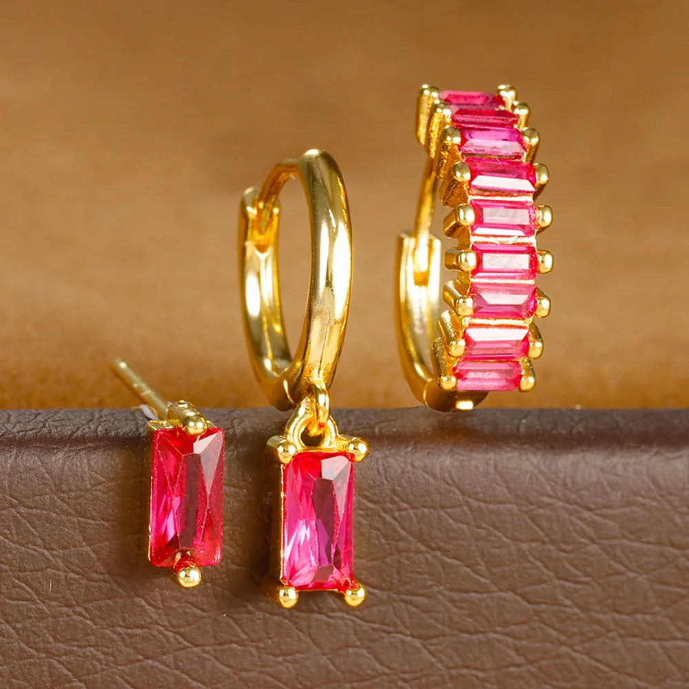 3PCS Stainless Steel Square Earrings Sets for Women Vintage Zircon Pendant Geometry Round Circle Hoop Earrings Piercing Jewelry