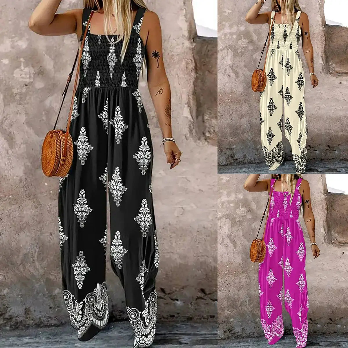 2025 Summer Female Jumpsuits with Pockets Fashion Printing Wide Legs High Waist Women's Rompers Sleeveless Strap Pants Trousers Badiee Stylez