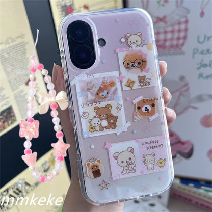 Lovely Rilakkuma Family Portrait Cartoon Pink Phone Case For iPhone 16 15 14 13 12 11 Pro Max PLUS Y2K Kawaii Shockproof Cover Badiee Stylez