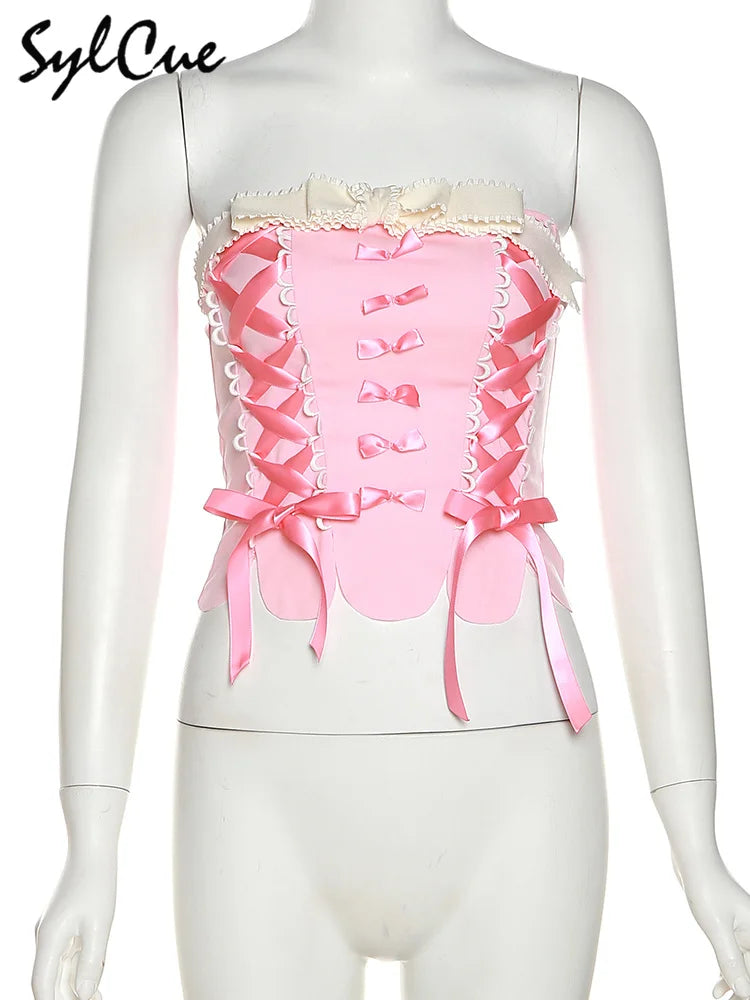Sylcue Pink Sweet Cool Sexy Tight All-Match Femininity Charm Gorgeous Outer Wear Women'S Street Personality Drawstring Vest