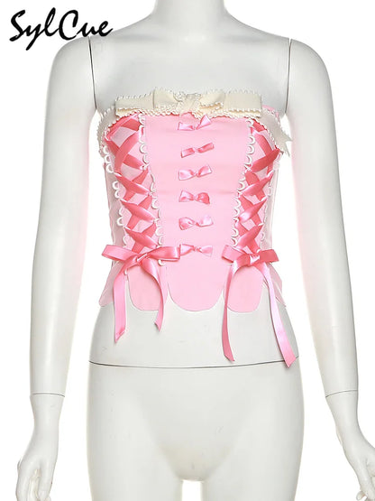 Sylcue Pink Sweet Cool Sexy Tight All-Match Femininity Charm Gorgeous Outer Wear Women'S Street Personality Drawstring Vest