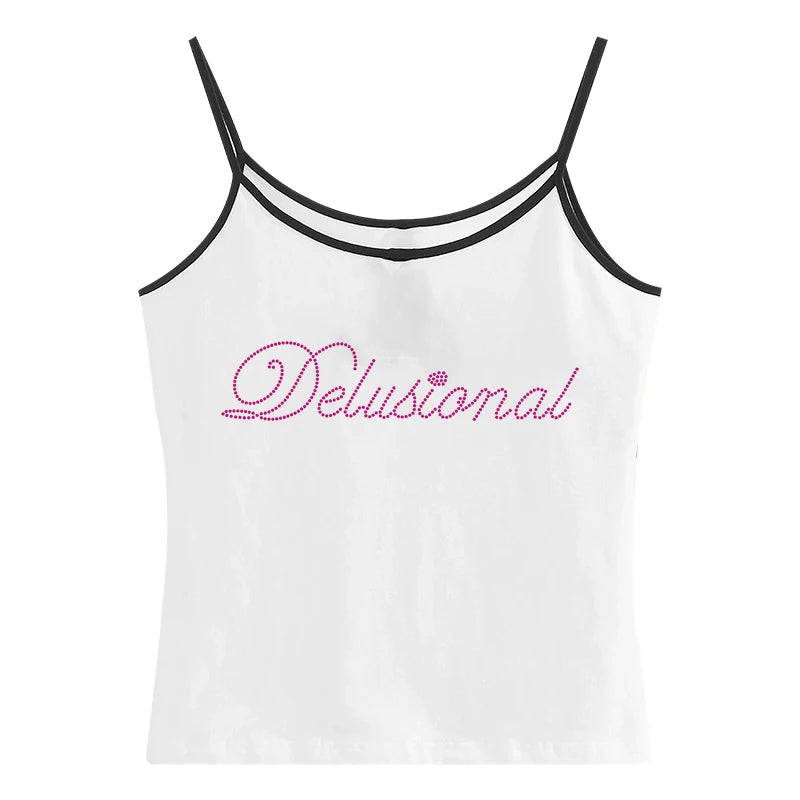 Vintage Punk Rhinestone Letter Gothic Sleeveless Streetwear Short Sleeve Sexy T Shirt Y2k Style Crop Tank Top Women Summer Camis Ivory