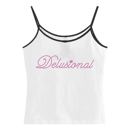 Vintage Punk Rhinestone Letter Gothic Sleeveless Streetwear Short Sleeve Sexy T Shirt Y2k Style Crop Tank Top Women Summer Camis Ivory