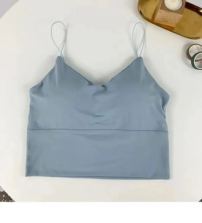 1pc Women Sexy Solid Color Camisole Ice Silk Tube Seamless Sports Tank Top Wireless Underwear Padded Bra Bralette Vest One Size SKY BLUE