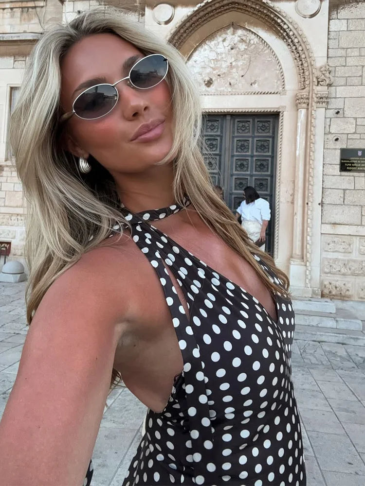 Trendix Polka Dot Print Backless Dress Women Summer Sexy Deep V Neck Sleeveless Off Shoulder Maxi Dresses Elegant Evneing Dress