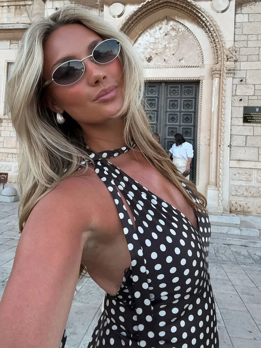 Trendix Polka Dot Print Backless Dress Women Summer Sexy Deep V Neck Sleeveless Off Shoulder Maxi Dresses Elegant Evneing Dress