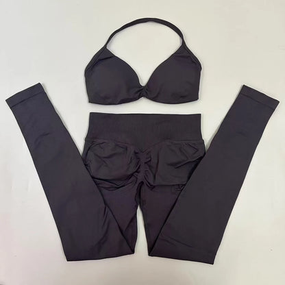 No Logo Seamless Yoga Set Women Workout Scrunch Leggings Set Strappy Halter Sports Bra Fitness Gym Clothing Workout Set 2 Pieces Badiee Stylez