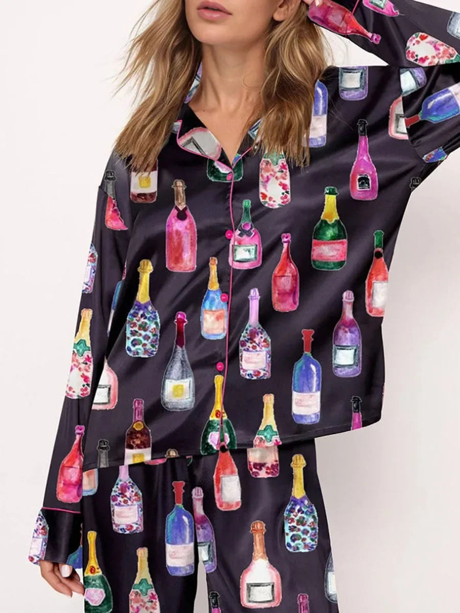 Womens Satin Pajamas Sets 2 Piece Set Champagne Bottle Wine Glasses Long Sleeve Button down Shirt Pants Satin Silk Loungewear