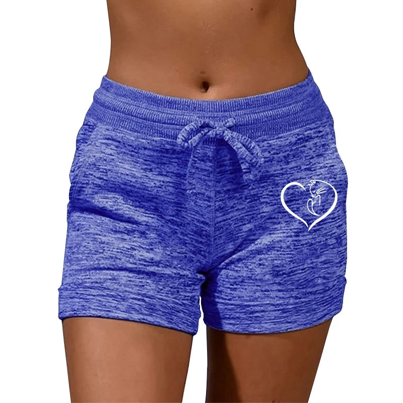 Summer Women's Shorts Printing Elastic High Waist Casual Sport Fitness Running Oversize Female Sweatpants blue
