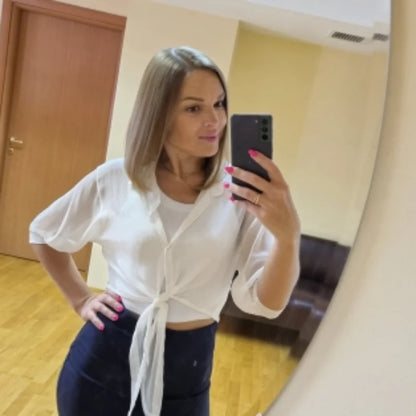 2023 Summer Half Sleeve Buttoned Up Shirt Loose Casual Blouse Chiffon Shirts Women Tied Waist Elegant Blouses for Women 9776