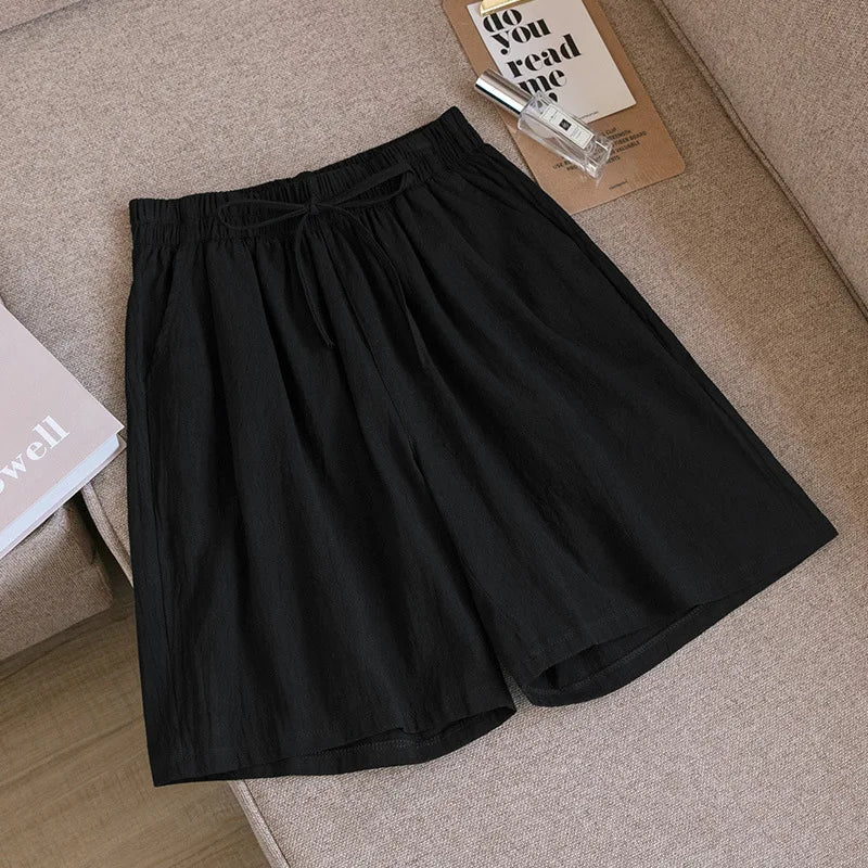 2024 Women Cotton Shorts,Summer Casual Solid Two Pockets shorts high waist loose shorts for girls Soft Cool female shorts Black