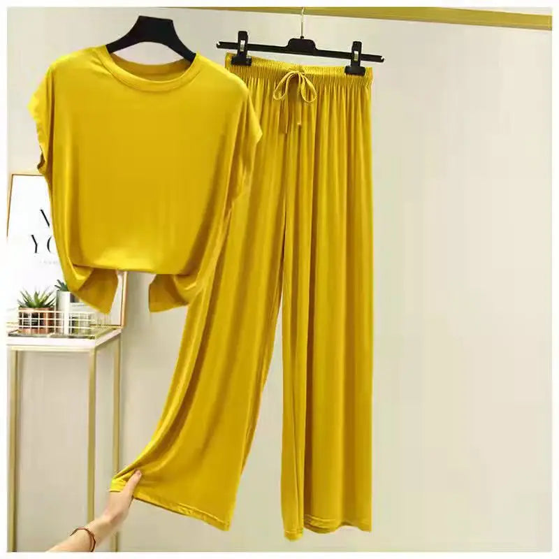Modal Loose Homewear set O-neck Tshirts short sleeves and Wide leg pants Casual streetwear suit all match yellow
