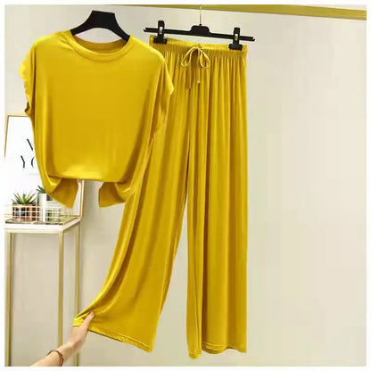 Modal Loose Homewear set O-neck Tshirts short sleeves and Wide leg pants Casual streetwear suit all match yellow