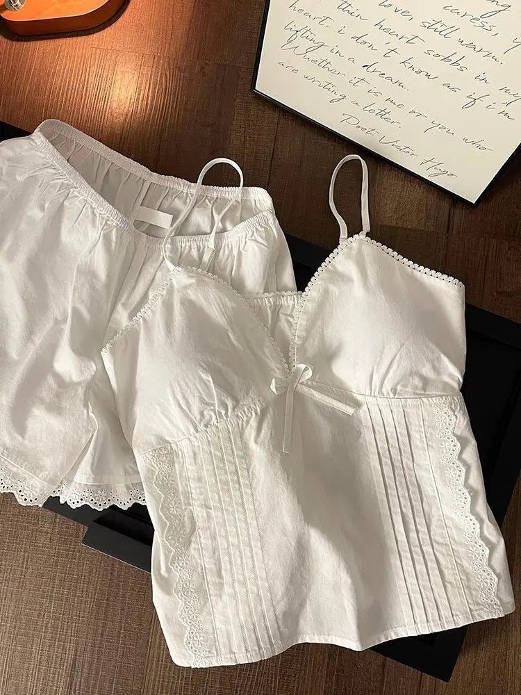 Lace Sleepwear Women Pajama Sets Spaghetti Strap Piiama Shorts Sets 2 Pieces Korean Night Wears Summer Cute White Home Suit 2025