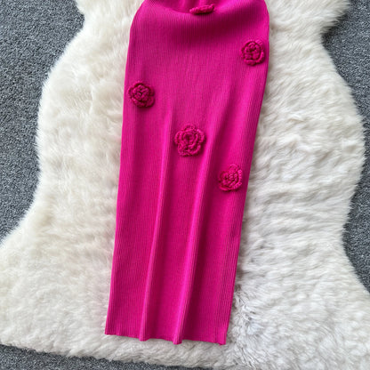 SINGREINY Knitted 3D Flower Chic Dress Sleeveless Slim Solid Elastic Sundress Women Summer Casual Fashion Bodycon Long Dresses