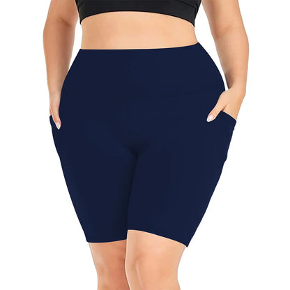 Women's High-Waisted Yoga Shorts Plus Size Workout Leggings with Dual Pockets Stretch European Style Activewear for Gym & Casual navy