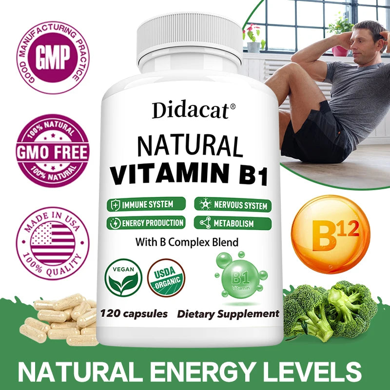 Natural Vitamin B1 - B Complex Blend, Nervous System, Immune System, Energy and Metabolic Health, Vegetarian Capsules