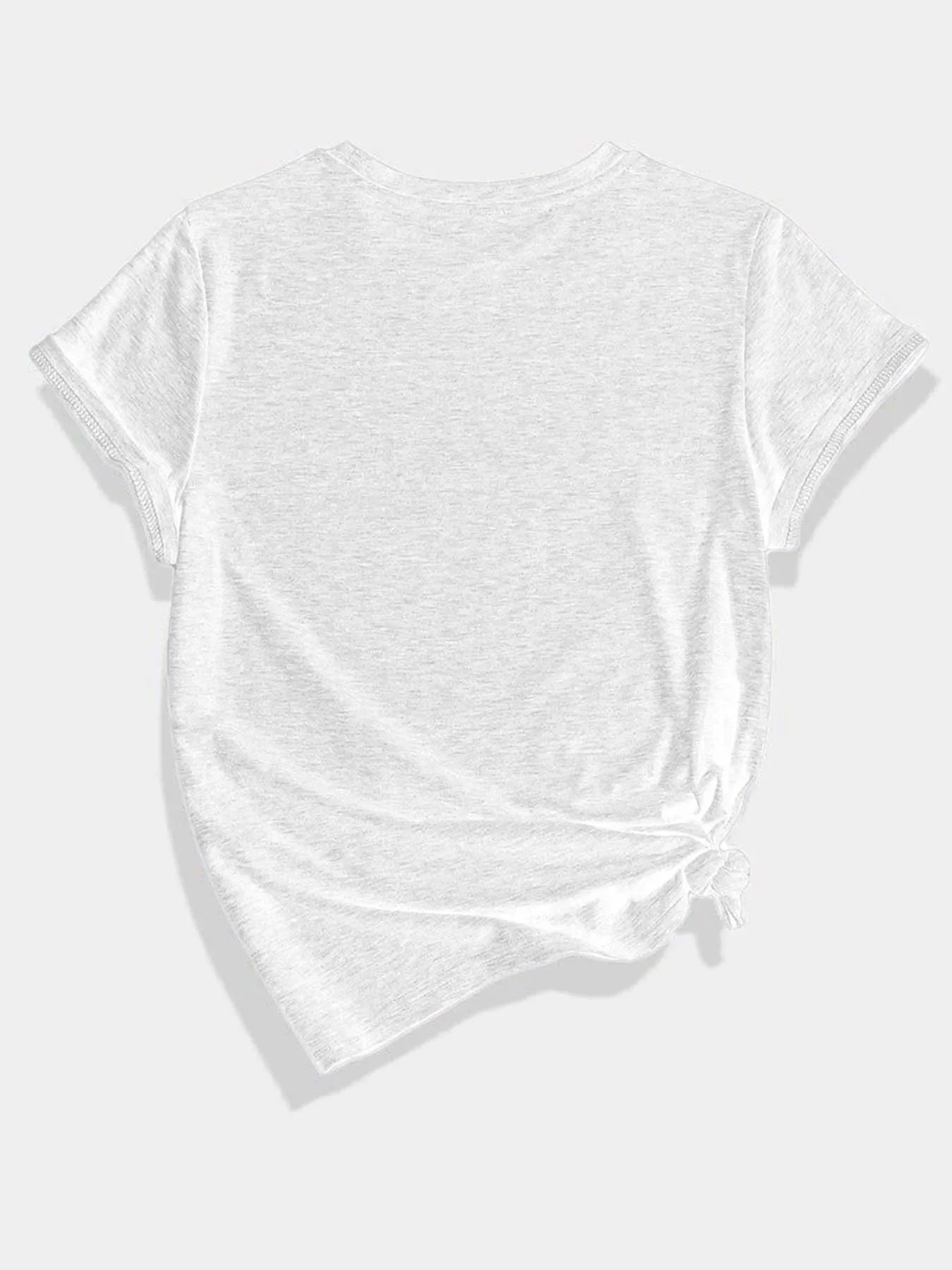 Plus - Size White Round Neck T - Shirt with Heart - Flower - themed Print: Sweet - patterned and Fashion - casual