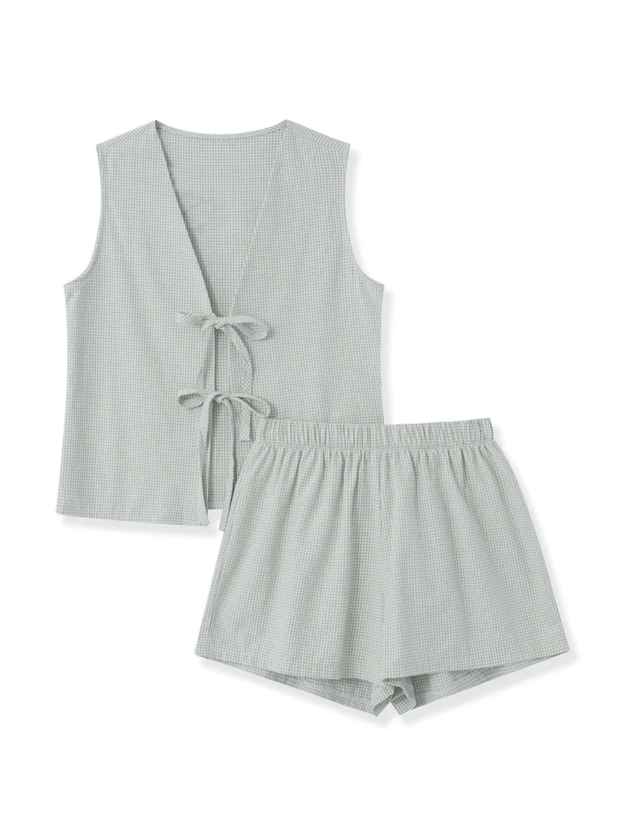 Women 2-Piece Shorts Set Plaid Print Lacing V-Neck Sleeveless Tank Tops Elastic Waistband Shorts Loungewear Outfits Emerald Green