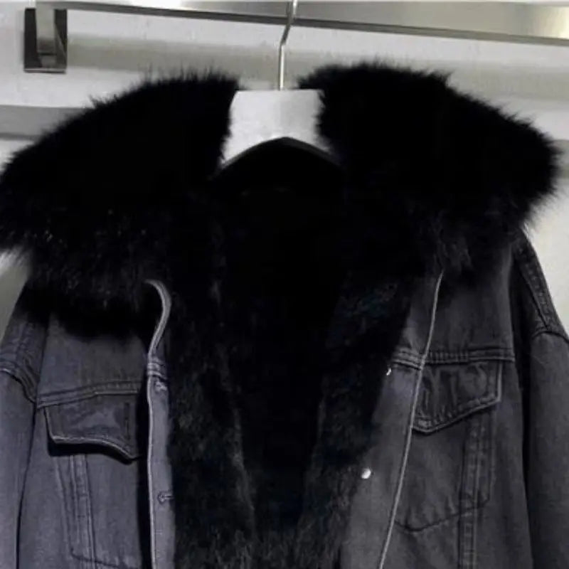 Winter Women Warm Basic Coat Big Fur Collar Denim Jacket Female Cold Motorcycle Jackets Outerwear Fleece Thick Casual Overcoat