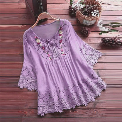 Summer Women Casual Solid Tops Shirt Cotton And Linen Stitching Lace Flower V-neck Loose Top Blouse New Elegant Holiday Shirts PURPLE