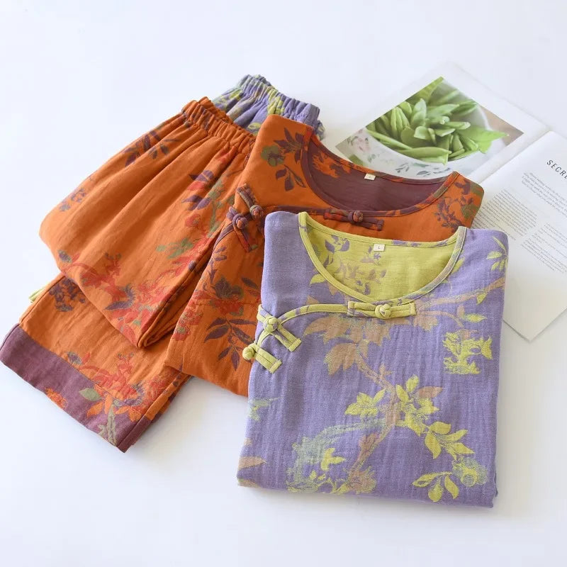 Women's Retro Long-sleeved Trousers Loungewear Set Yarn-dyed Double-sided Jacquard Thin Pajamas Round Neck Chinese Style Pijama