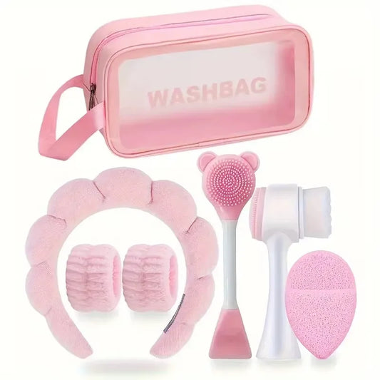 7-piece makeup and face wash beauty set, including 3 headband sets, 1 cosmetic bag, 2 face wash brushes and 1 powder puff Badiee Stylez