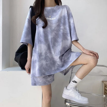 Women Summer 2024 New Fashion Cool Tie Dye Two-Piece Set Leisure And Comfortable Loose Elastic Waist Shorts Set