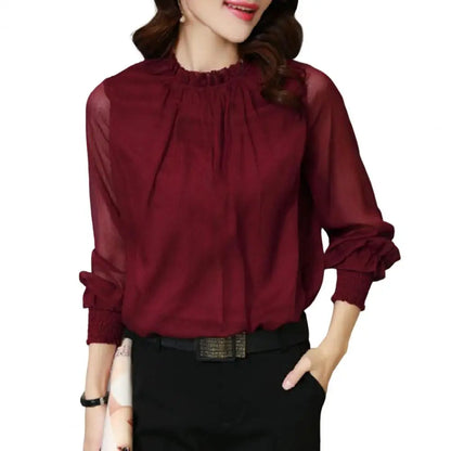 Perspective Net Mesh Sleeve Office Shirt Top Elastic Cuffs Women Shirt Elegant Ruffle Collar Blouse Solid Color Chiffon Shirt Wine Red