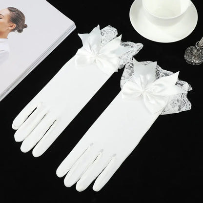 Fashion Bride Bow Lace Chiffon Gloves Women White Gloves Sunscreen Driving Gloves Marriage Party Accessories