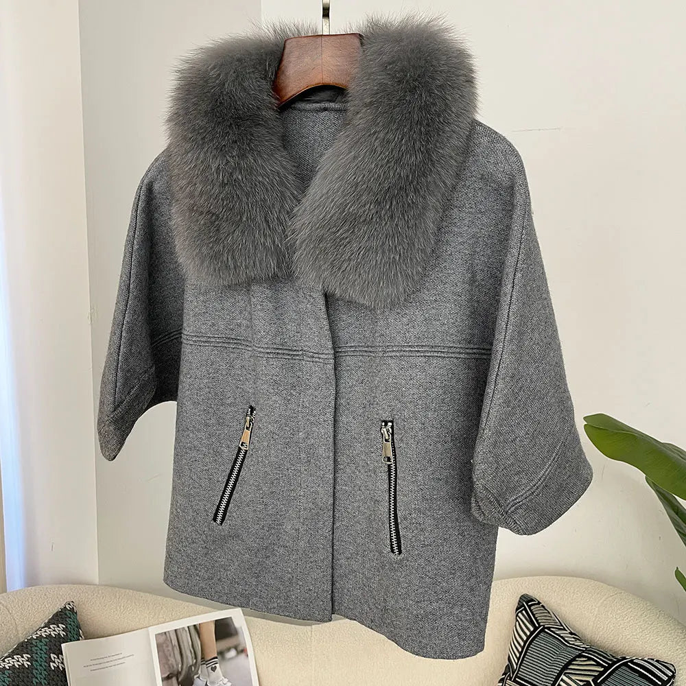 FURYOURSELF 2025 New Real Fox Raccoon Fur Collar Coat Knitted Sweater Women Short Sleeve Jacket Thick Warm Outerwear streetwear