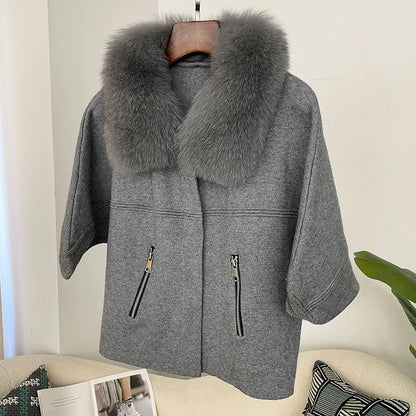 FURYOURSELF 2025 New Real Fox Raccoon Fur Collar Coat Knitted Sweater Women Short Sleeve Jacket Thick Warm Outerwear streetwear